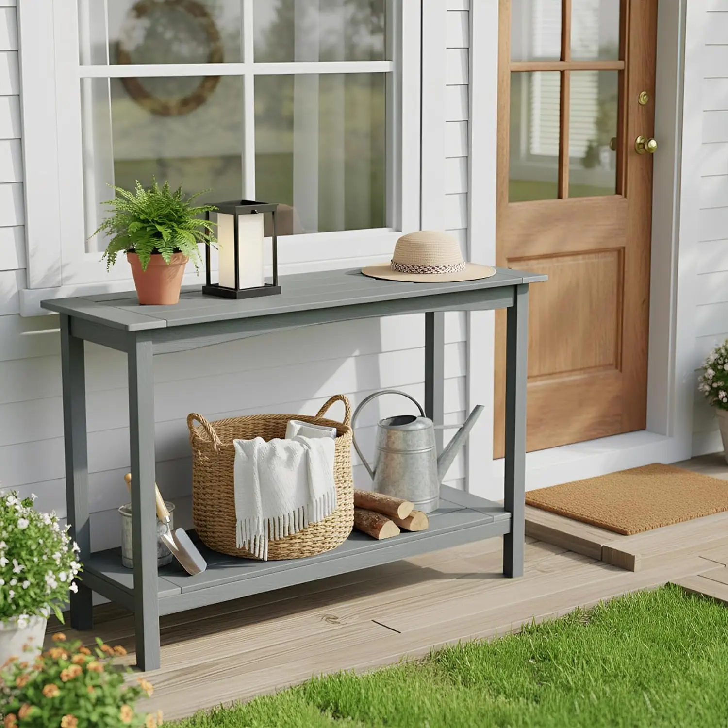 All-Weather 2-Tier Outdoor Console Table, HIPS Plant Stand, Low Maintenance, Never Rot or Fade, Indoor & Patio Garden Entryway,