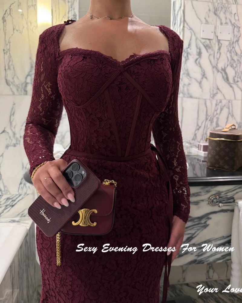 Robe de soirée en dentelle bordeaux personnalisée, col carré, pour femmes Sexy, robes de Cocktail, corsage, Corset, longue robe de bal