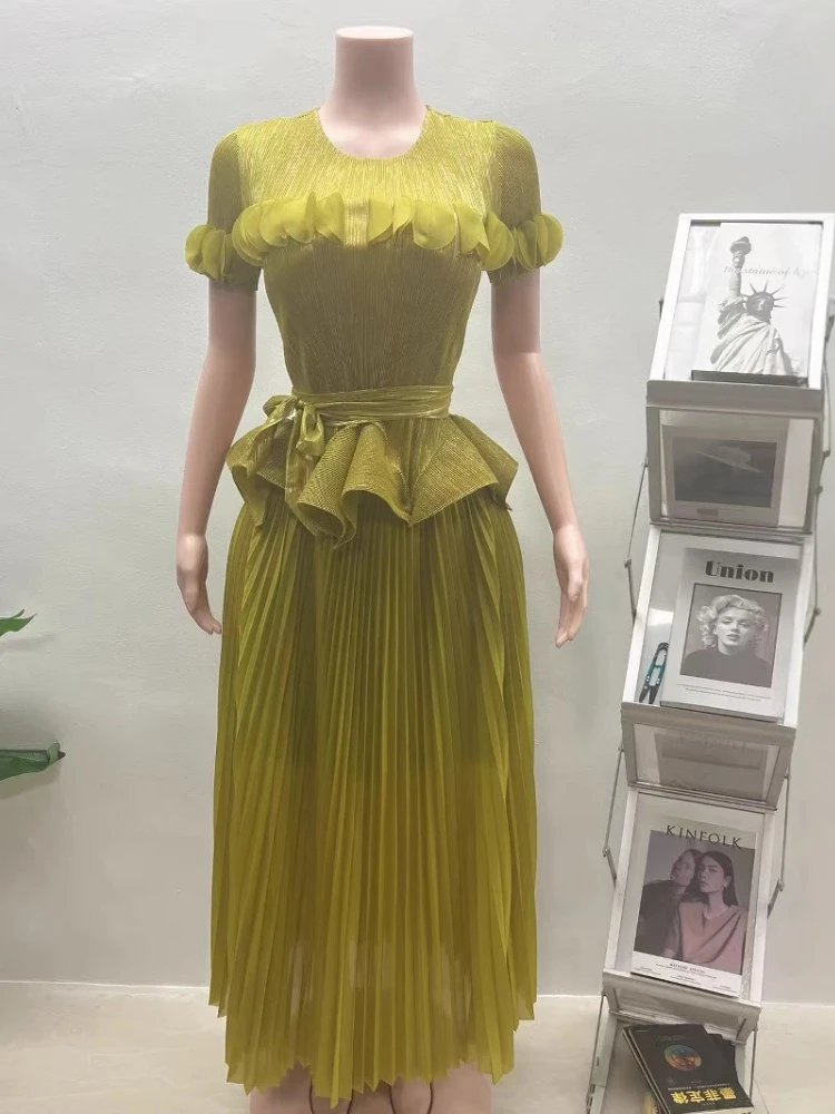 2025 여름 신상 미야케 플리츠 수트 솔리드 컬러 탑 + 롱 스커트 투피스 세트 루즈핏 여성 의류