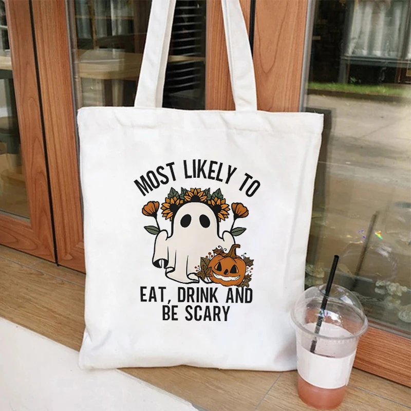 Most Likely To Halloween Party Canvas Bags Ladies Shopping Bags Spooky Cute Retro Boo Tote Books Bag for Girls Fashion Handbags