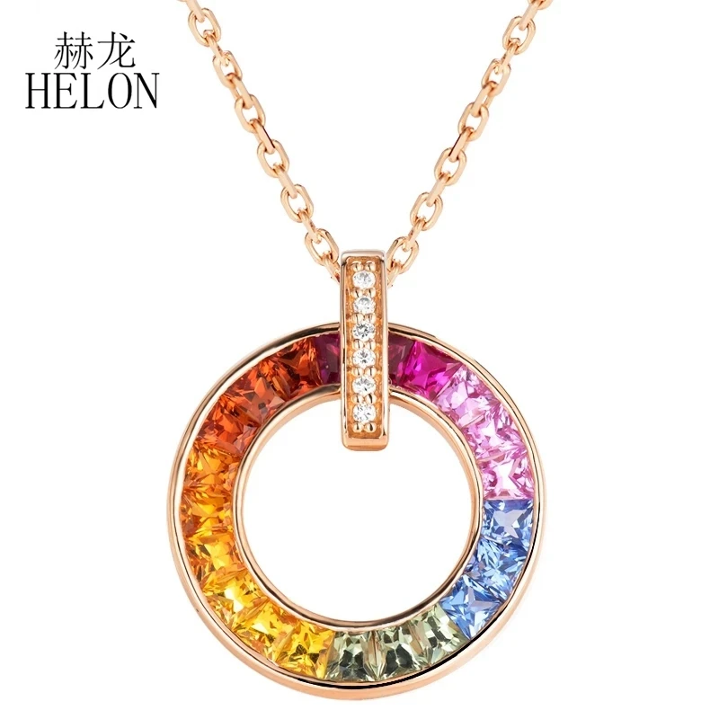 HELON Solid 18k AU750 Rose Gold Genuine Rainbow Sapphire Pendant Necklace Fancy Gemstone Diamond Pendant Necklace Female