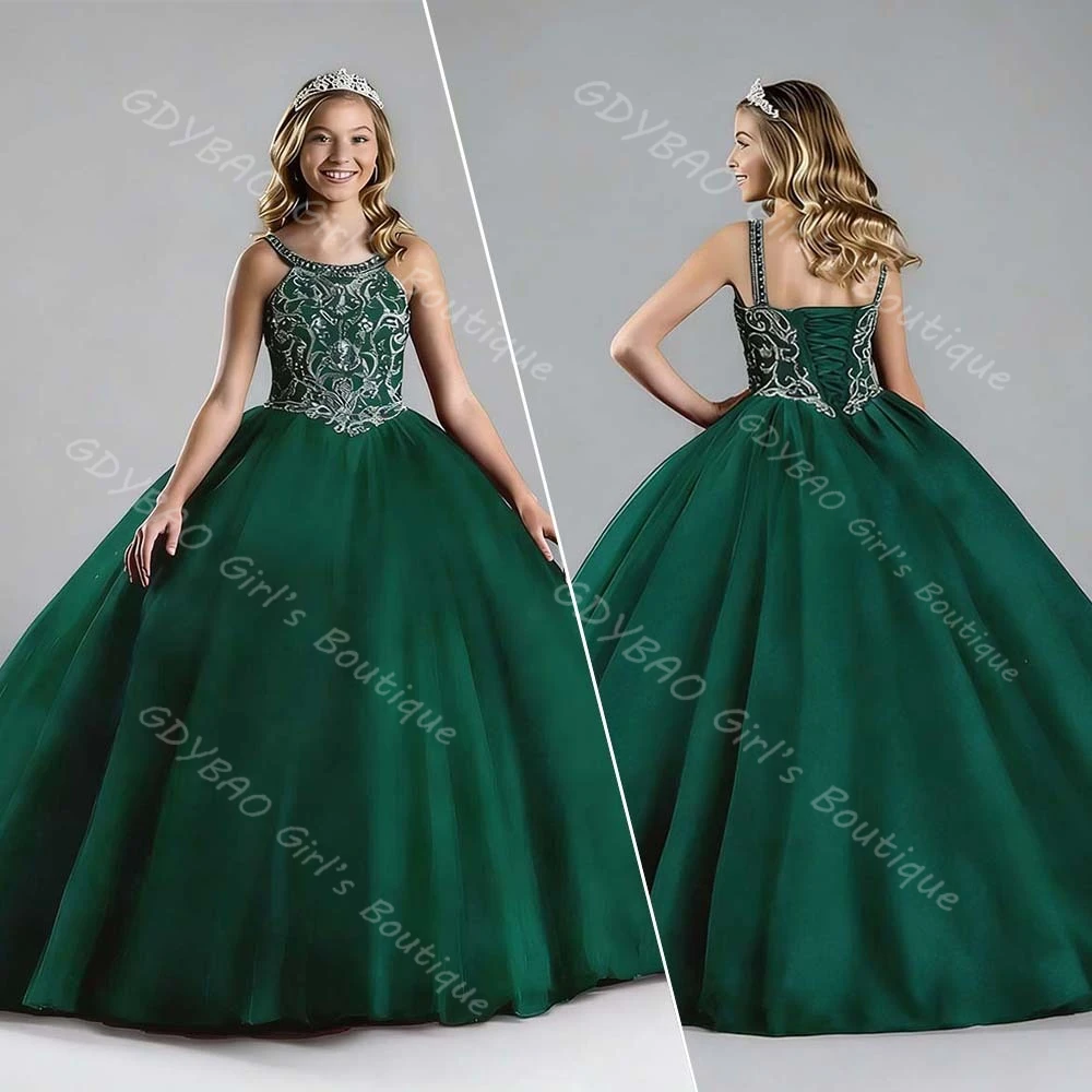 

Emerald Green Flower Girl Dress for Wedding Halter Backless Princess Pageant Dress Beaded Appliques Birthday Party Gown Custom