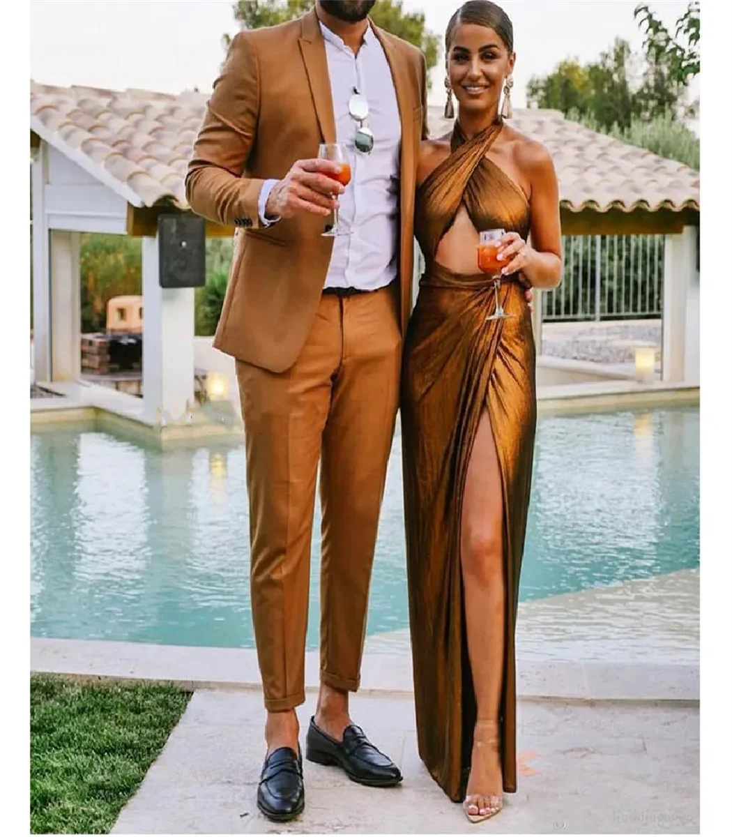 2Piece Arrival Chic Gold Couple Outfit Men Suit Wedding Groom Tuxedos One Button Formal Evening Prom Terno Masculino