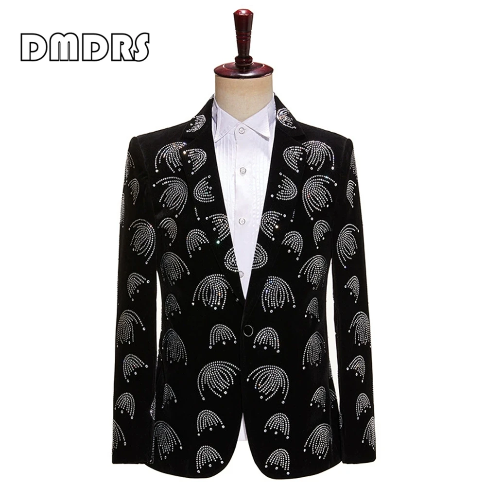 Luxury Men's Suit Blazer with Rhinestones, Fashionable One Button Costume Suit Jacket, Plus Size Real Images Suits