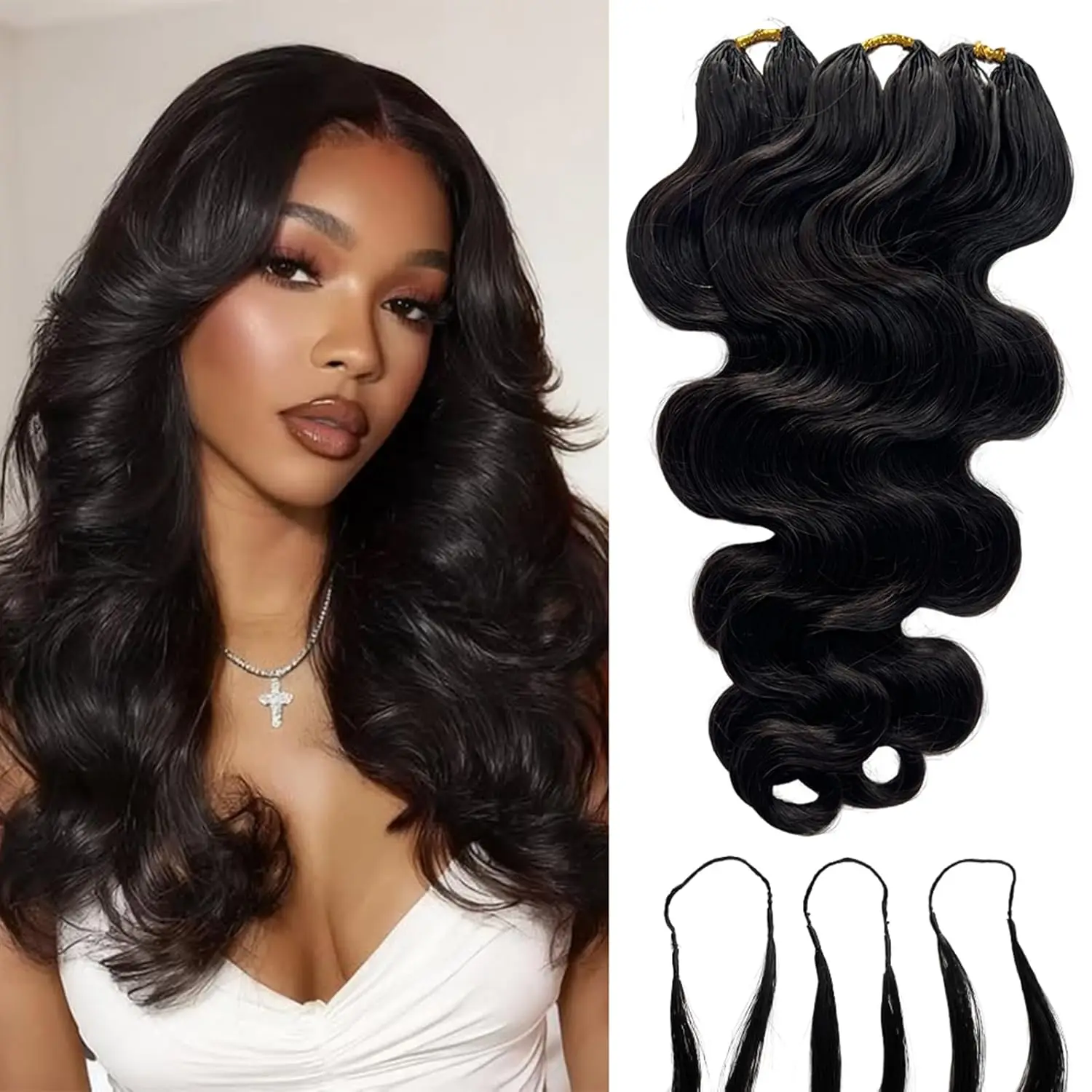 ボディウェーブクロシェヘアエクステンション、プレセパレーテッドノットレスナチュラルブラック、女性用フェザークロシェヘアエクステンション
