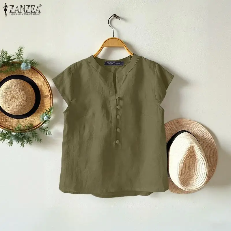 

Женская летняя рубашка ZANZEA 2026: винтажный хлопковый топ с V-образным вырезом, короткий рукав, повседневная блузка на пуговицах, однотонная, для работы