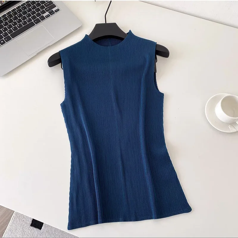 Miyake Vest Simple Pleated Elegant Sleeveless Top Casual Elastic Lightweight Semi-Transparent Tight-Fitting Women's T-Shirt