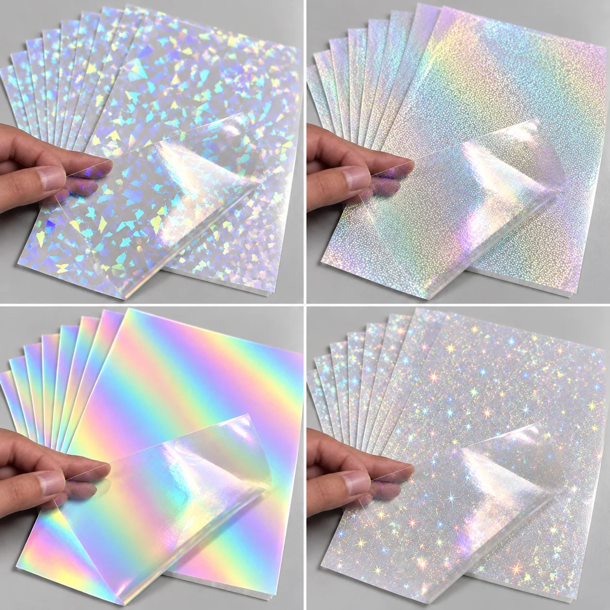 A4 Holographic Laminated Sheets, 40 Transparent Self-adhesive Vinyls, with Starry Rainbow Gem Dot Patterns, Suitable for DIY