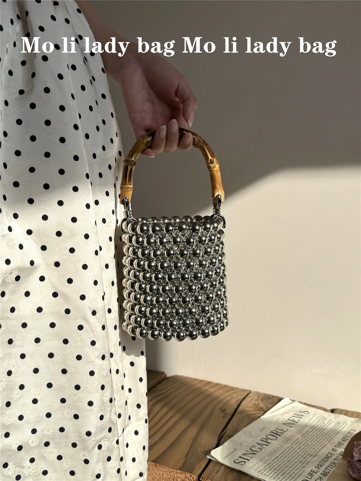 Women Handmde Bead Bag Circular Shape Beading Bucket Bag Bamboo Handle Clutch Wedding Bridal Ladies Handbag Party Evening Bag