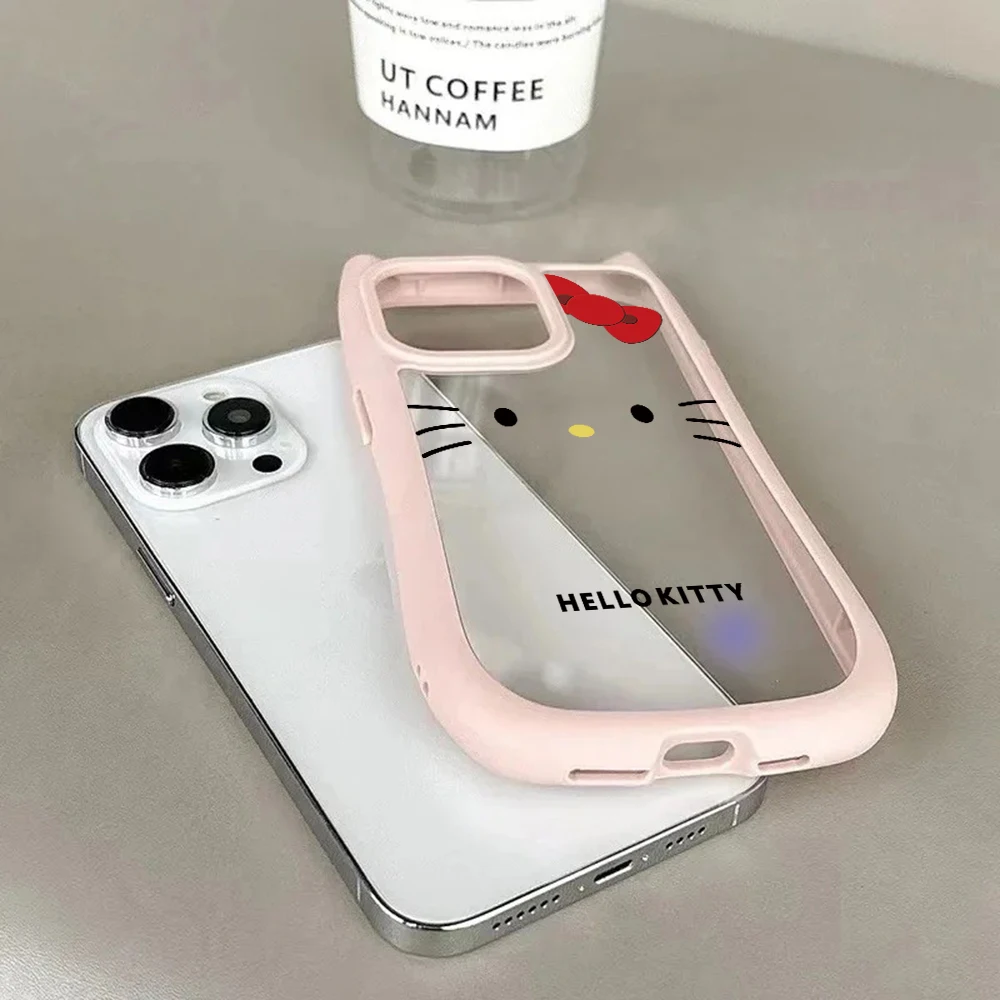 Hello Kitty Cute Cat Ear Phone Case For iPhone 15 14 13 12 11 Pro Max Transparent Shockproof Hard Acrylic Soft Silicone Bumper