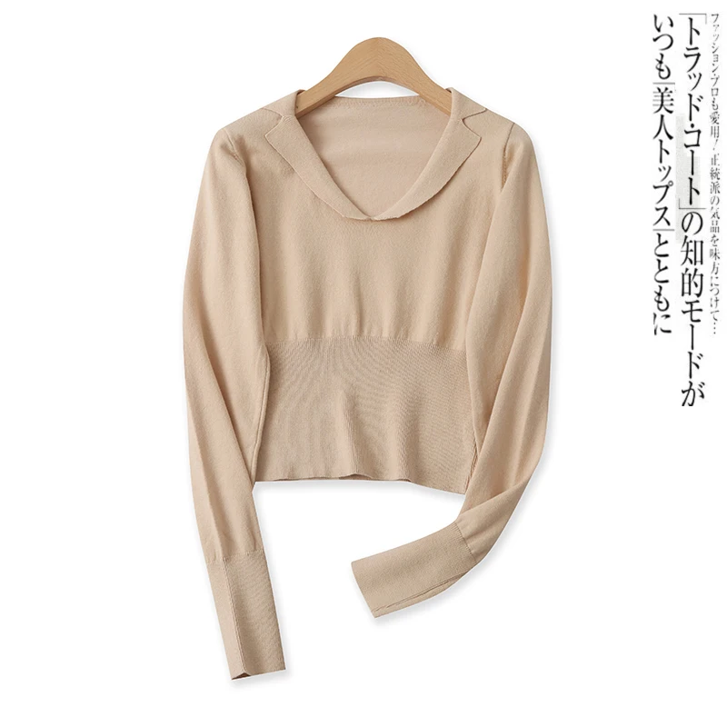 

Slimming ort Knitted Sweater with Waist-Cinching Design Long Sve Small Collar Base Layer Top for Women Spring 2024