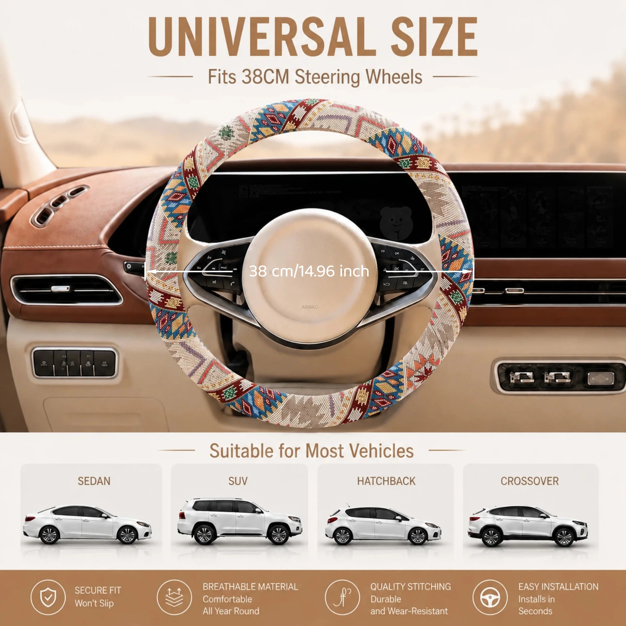 Bohemian-style car steering wheel cover, with inner ring design, wear-resistant and non-slip, car interior accessory