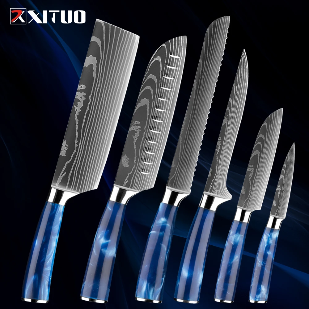 XITUO 1-6-teiliges Küchenmesser-Set 7Cr17Mov Edelstahl Damaskus-Lasermuster Klinge Scharfes Santoku-Messer mit Blauem Kunstharzgriff