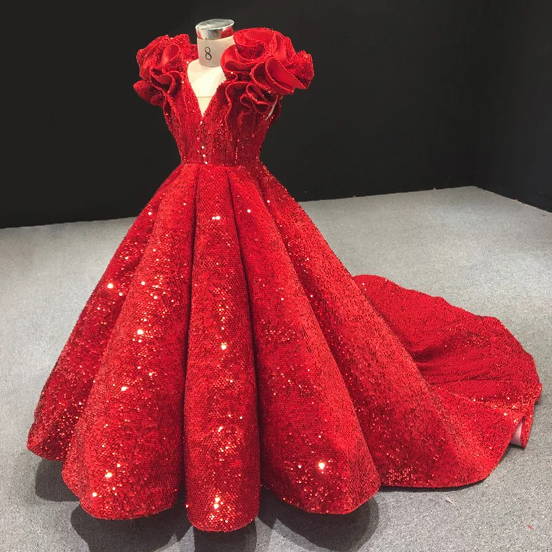 Rote Blume Mädchen Kleider Für Hochzeiten Ballkleid V-ausschnitt Kappen-hülsen Pailletten Sparkle Lange Mädchen Pageant Kleider Kleine Kinder Baby