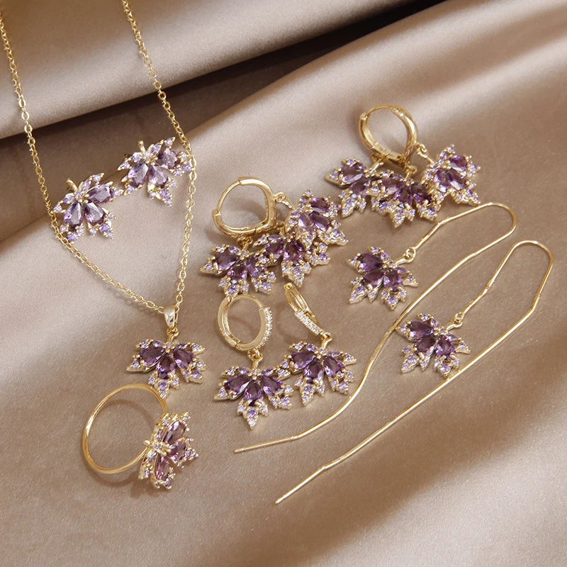 2023 New Purple Crystal Maple Leaf Stud Earrings for Women Fashion Brand Jewelry Set Adjustable Rings Chain Necklaces