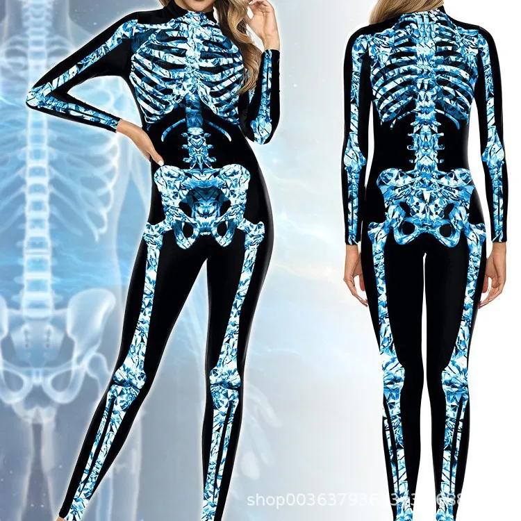 بدلة الهالوين التأثيرية زومبي هيكل عظمي مخيف مطبوعة بدلة Zenti المرنة للحفلات بدلة Zenti للنساء يوم الموتى