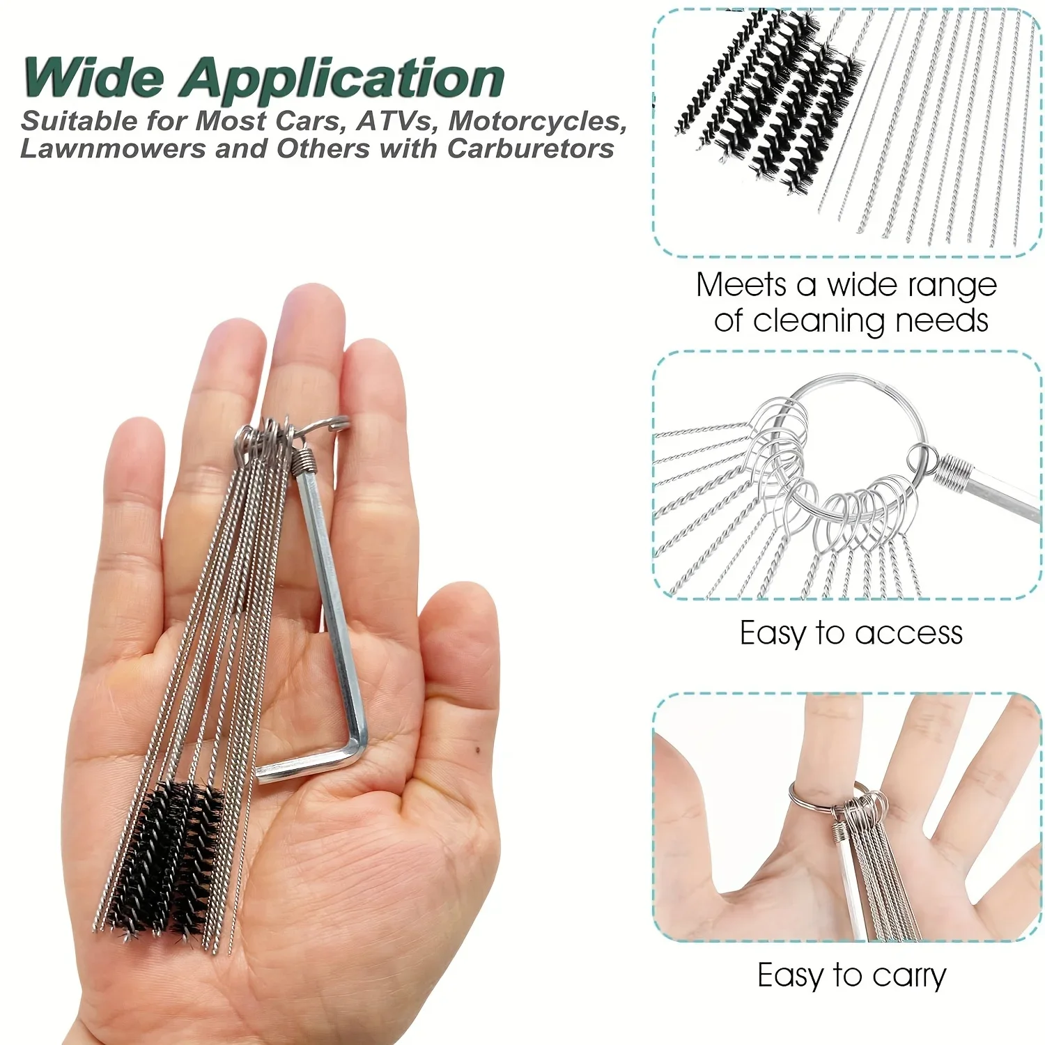 Carburetor Cleaner Kit - Stainless Steel Cleaning Brush for Most Cars, Includes 3 Interchangeable Brushes with Ergonomic Grip