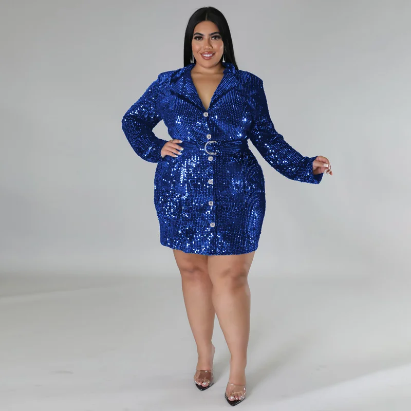 Women Plus Size Suit Dresses Fashion Lapel Long Sleeve Sequin Blazer Elegant Casual Lady Solid Color Jacket Dress For Party