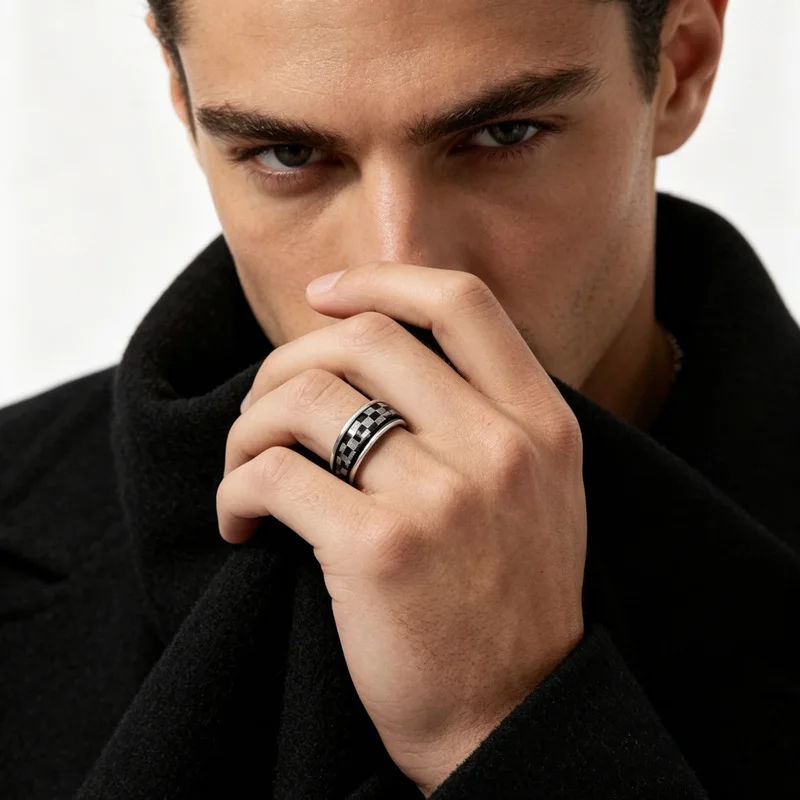 Black Silver Stainless Steel Spinner Ring Checkerboard Grid Pattern Wide Band Vintage Rotatable Stress Fidget Ring Men
