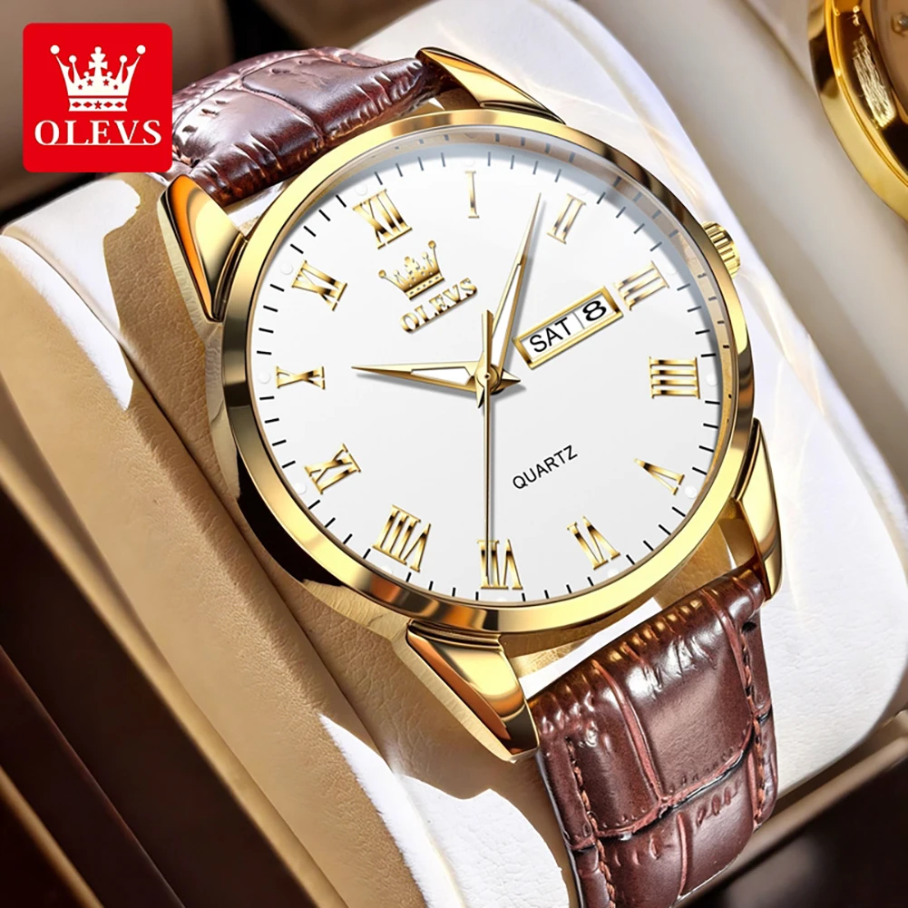 OLEVS 5892 Quarz Herrenuhr mit schlichtem Lederarmband, Business-Armbanduhr, wasserdicht, mit Datumsanzeige