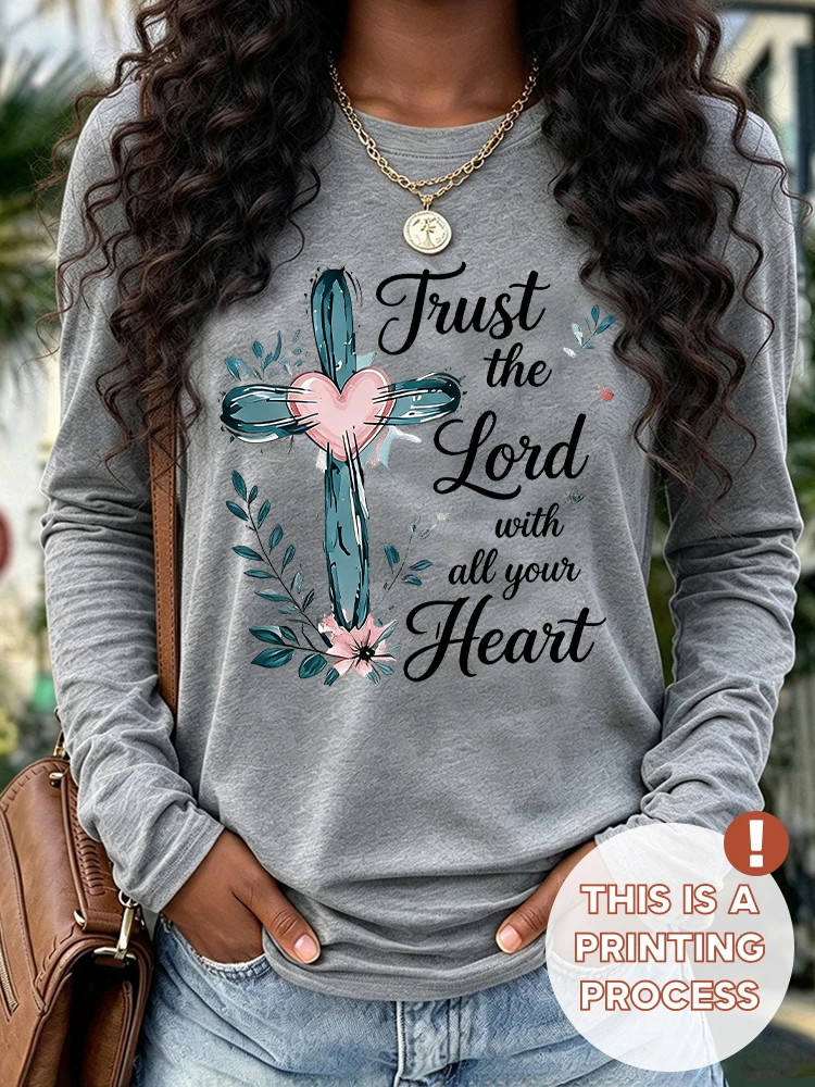 Women Breathable Round Neck Long Sleeve T-Shirt, Watercolor Cross 2D Graphic Print Tee, Minimalist Comfort Casual Top for Daily Wear, Local Shipping