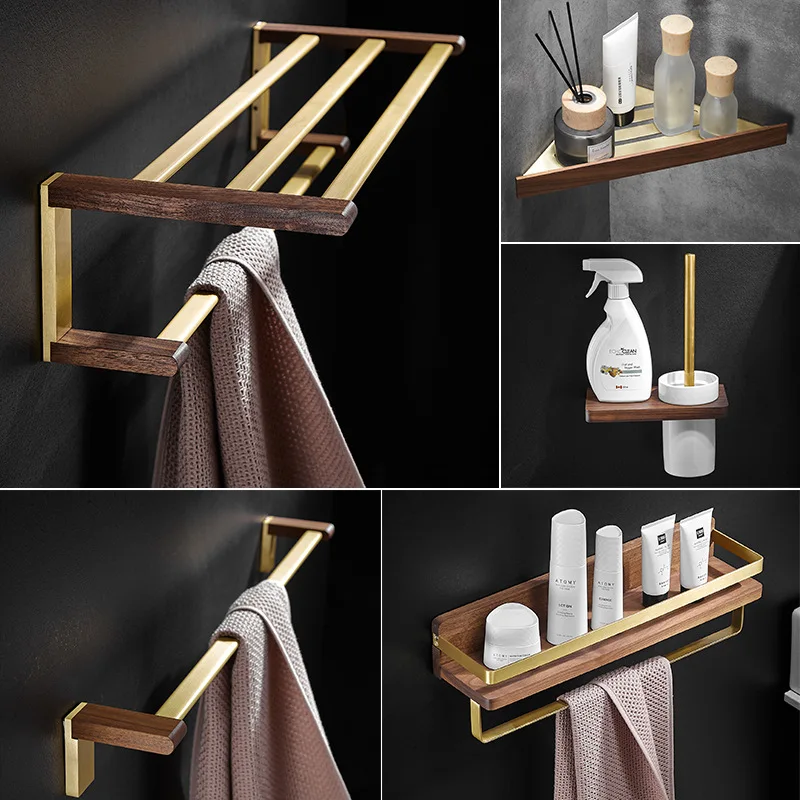 Golden Bathroom Shelves Bathroom Wood Towel Rack Wall Mounted Storage Towel Bar Pole Slippers Rack Tripod Toilet Paper Shelf