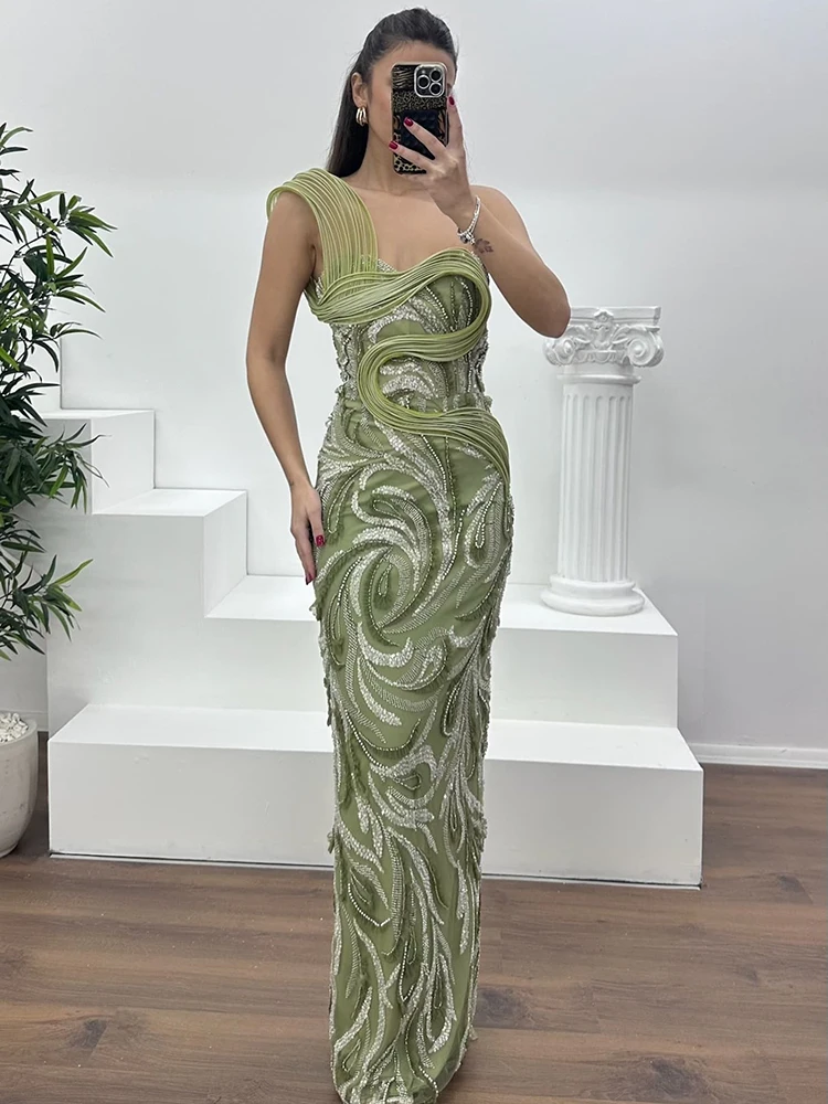 

Luxury One Shoulder Sequin Evening Dress Green Draped Mesh Bodycon Maxi Gown Elegant Formal Party Dress for Women Woman Clothing
