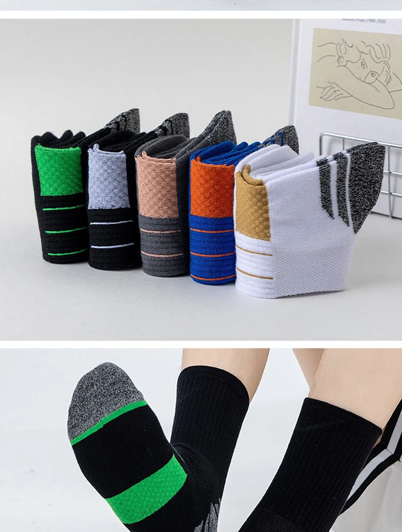 5 Paar Herbst-Herrensocken aus Baumwolle, mittellang, hohe Elastizität, atmungsaktives Mesh, dickes Frottee, schweißableitende Sportsocken – Detail 10