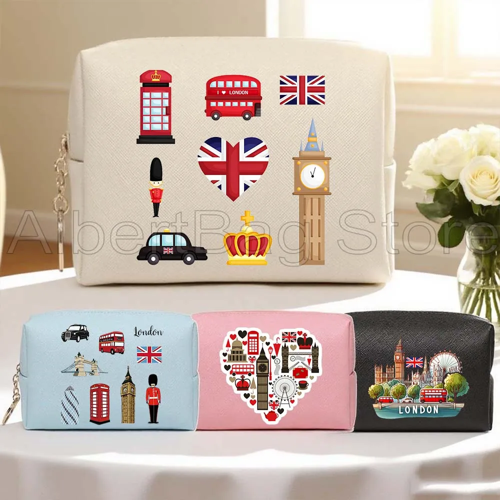 

London England Skyline Bus Big Ben Crown Guard Tower Landmarks Gifts PU Travel Cosmetic Bags Women Makeup Waterproof Storage Bag