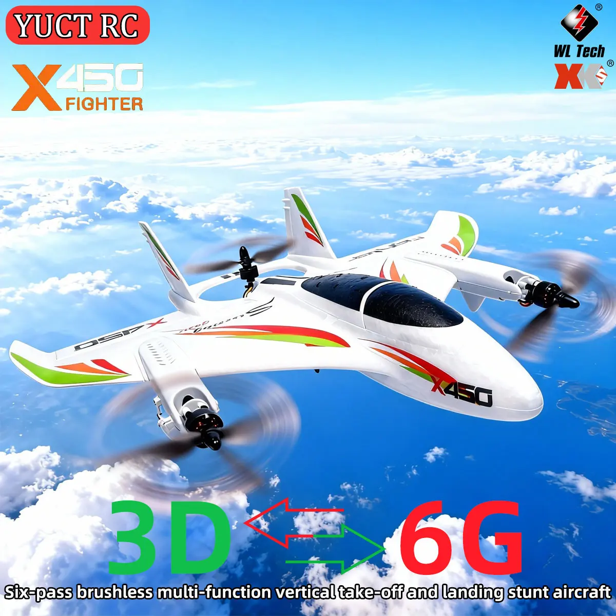 Wltoys XKS X450 6CH RC Plane 2.4GHz 3D 6G Stable Flight Fixed Wing LED Vertical Takeoff RTF Adults