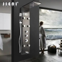 JIENI Black Digital Display Bathroom Shower Column Nickel Brushed Hand Shower Tub Massage Spa Jets Bath LED Shower Panel Faucet