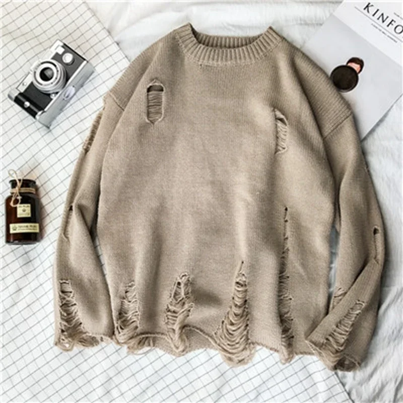 

New Men Autumn Winter Vintage Ripped Destroyed Holes Knitted Sweater Japan Style Streetwear Women Couple Casual Knitwear Jumper