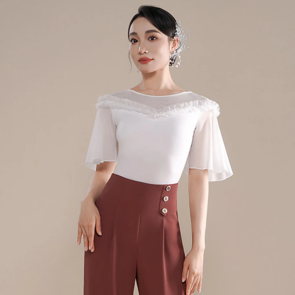 

Top Ballroom Tea Red Dance Practice Clothes Top Trumpet Sleeve Round Neck White Summer Black Women's Short-sleeved jumpsuit