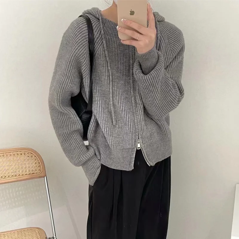 double zipper hooded knitted cashmere cardigan women\'s autumn winter loose sweater short style hoodie casual wool coat