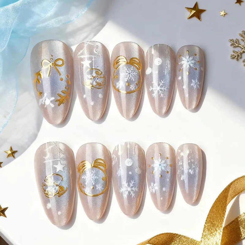 24Pcs Christmas Almond Press On Nails, Blue Cat Eye Blush With Gilded Bow Decor Premium Reusable False Nail Tips