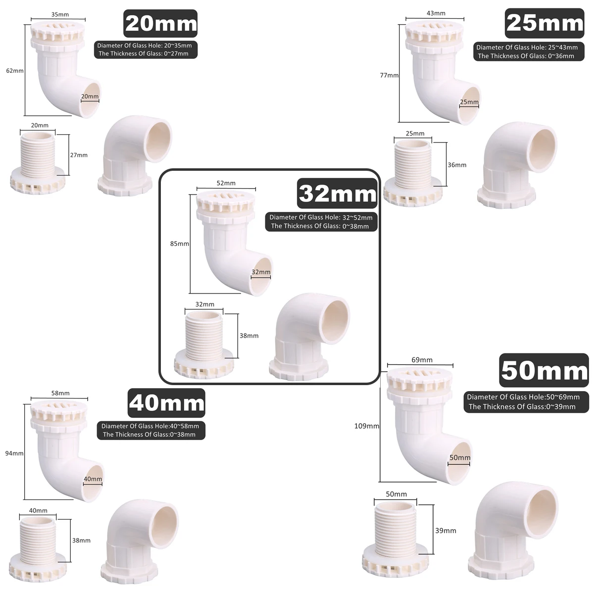 1pc 20/25/32/40/50mm PVC Pipe Joints Aquarium Drainpipe Outlets Joint 90 Degree Elbow Connector Fish Tank Overflow Fittings