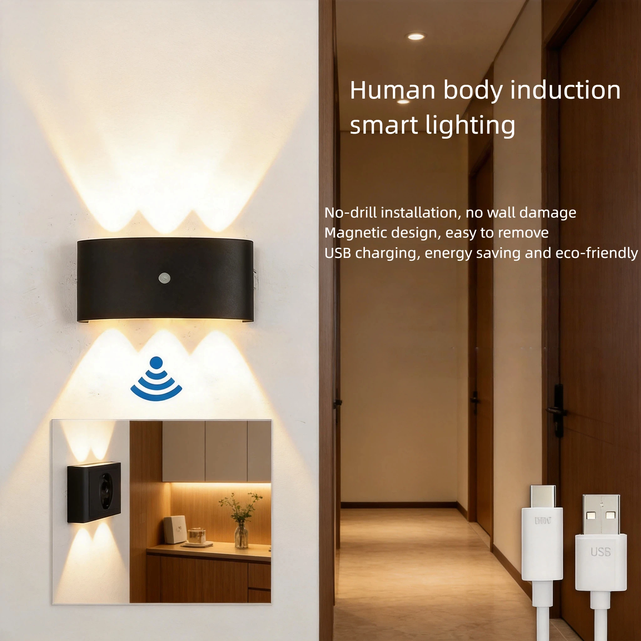 LED motion sensor wall lamp USB rechargeable magnetic diamond-free 3-color dimmable 4000mah battery human body induction night l