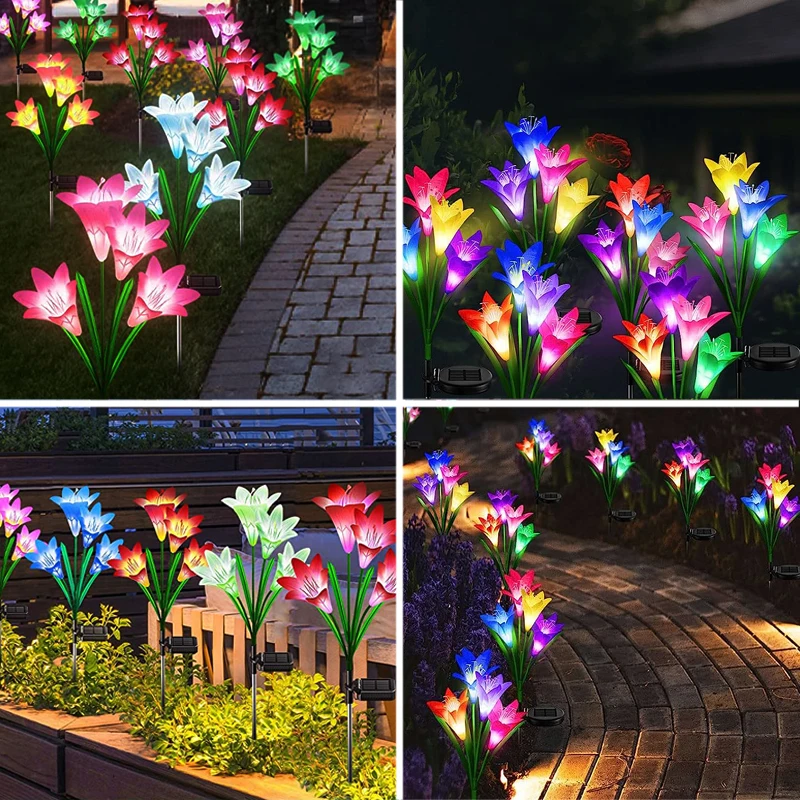 Solar Outdoor Flower LED Lights Garden Decor Lily Flower Lamp 7 Color Changing Waterproof Solar Lights