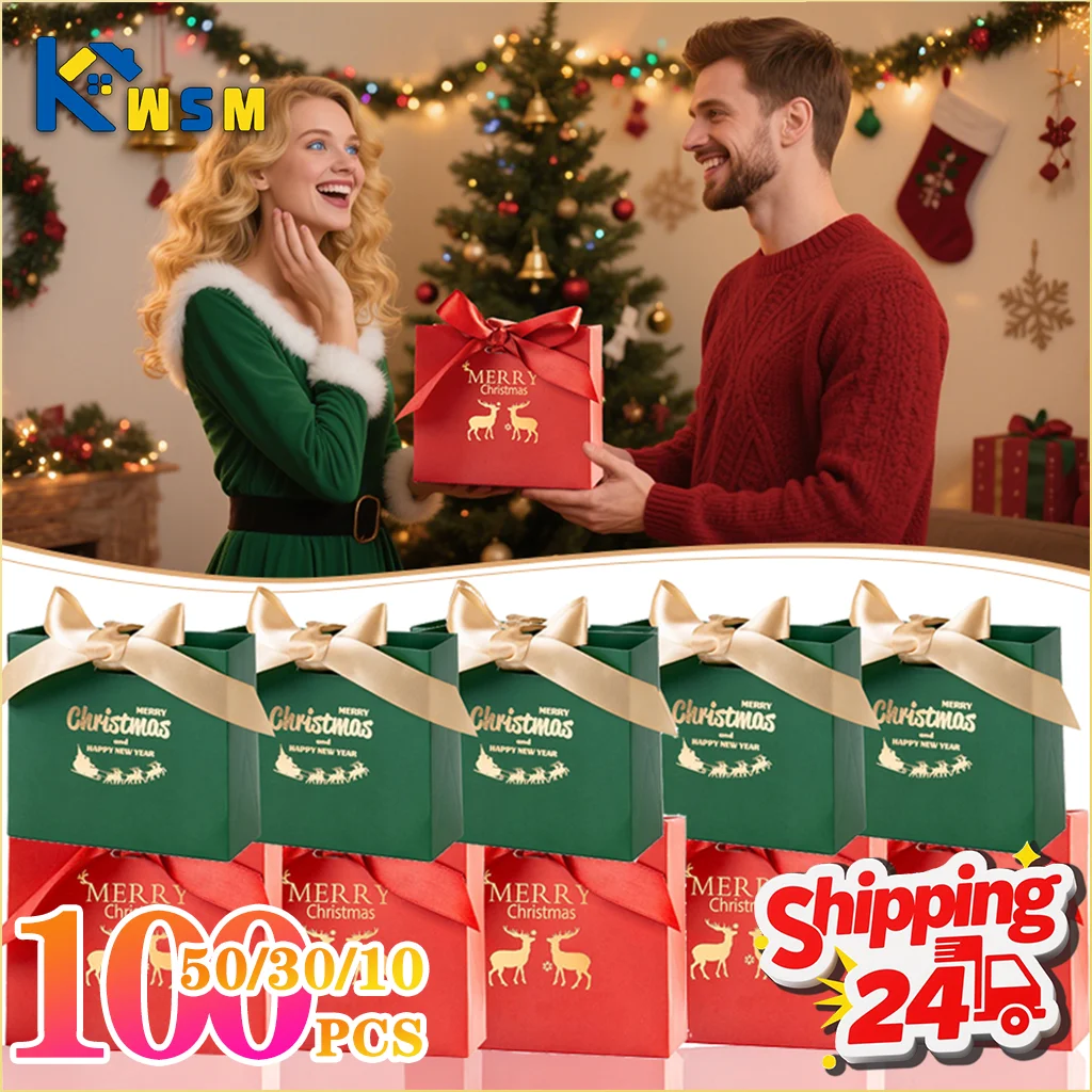 

10-100PCS Christmas Gift Boxes with Ribbon Bow Gold Foil Candy Paper Bags Holiday Packaging Supplies for Xmas Party Decorations