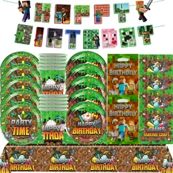 Pixel Game Birthday Party Decor Miner Crafting Disposable tableware Tablecloth Plate Cup Balloons Boys Favor Toy Party Supplies
