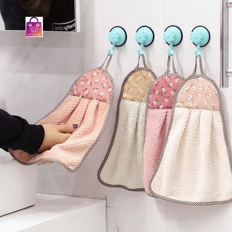 Coral Velvet Hand Towel Hanging Absorbent Towel Thickened Kitchen Hanging Towel Cleaning Rag Dish  Cloths household