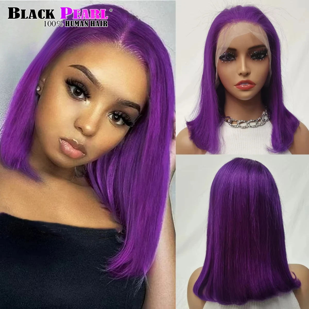 Straight Short Bob Wig 13*5*2 T Part Lace Front Human Hair Wigs Brazilian 180% Density Purple Color Lace Front Human Hair Wigs