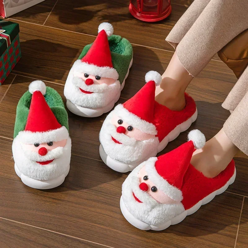 Women Cartoon Christmas Claus Thick Bottom Cotton Slippers Winter Thicken Plush Indoor Slippers Couples Warm Fluffy Home Slides