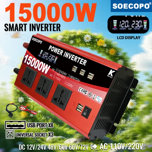 Inversor de corriente de doble voltaje, 15000W, 8 puertos USB, 3 enchufes universales, inversor Solar inteligente de CC a CA 110/220V, Camping y hogar