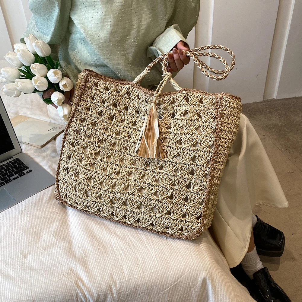 Women Weaving Handbag Hollow Out Tassel Shoulder Bag with Short Handle Solid Color Ladies Summer Beach Bag