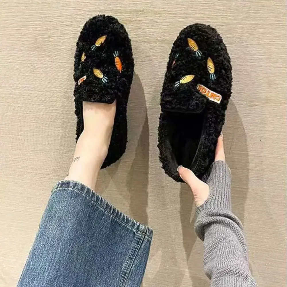 Casual Embroidery Carrot Plush Slipper Anti-skid Cartoon Fluffy Flats Shoes Thicken Soft Plush Shoes Women Girls