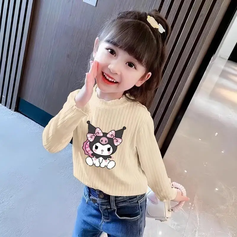 Kawaii الكرتون فتاة Kuromi بأكمام طويلة تي شيرت أنيمي سانريو جديد الربيع والخريف نصف سلحفاة الرقبة تنوعا قاعدة قميص عادية