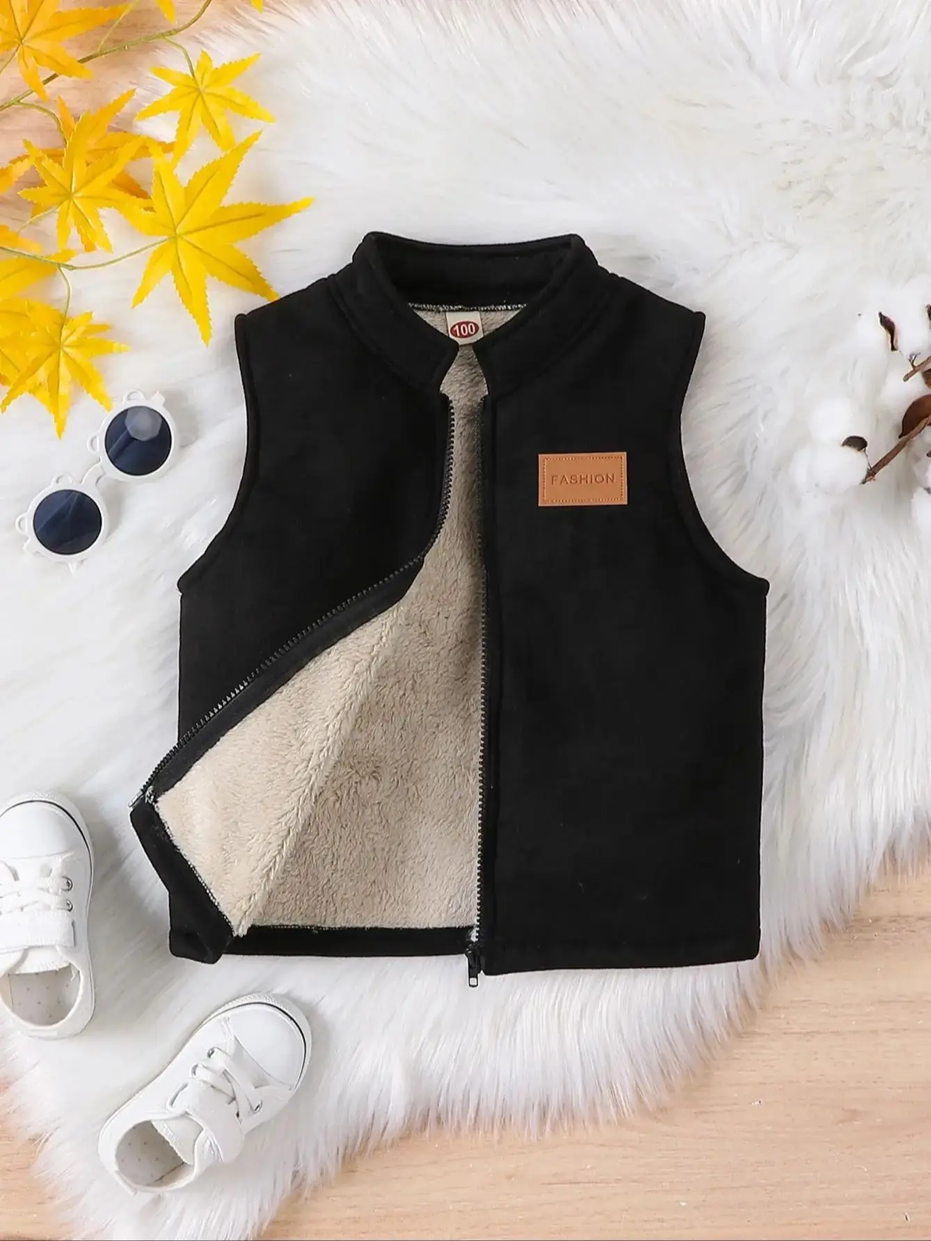 Jungen Winter Fleece-Weste Dicker Leder-Stehkragen Lässiger Reißverschluss Modische Kleidung für Kinder – Detail 8