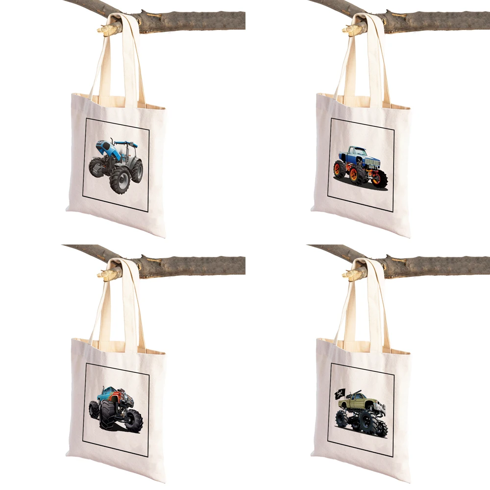 America Monster Truck Shopper Bag Supermarket Tote Handbag Cartoon Car Double Print Reusable Casual Canvas Shoulder Shopping Bag