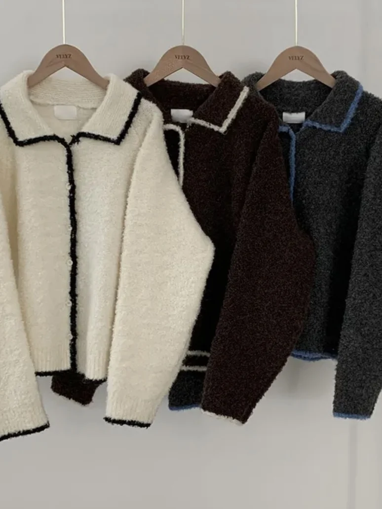 

Chic Knitted Open Cardigan Women's Loose Fit Soft Cozy Sweater Outerwear Turn-down Collar Lazy Sle Anti-aging Autumn Faion